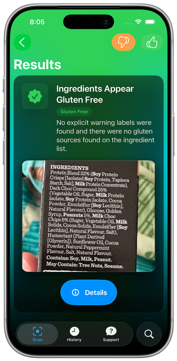 Is this GF? app showing gluten free verdict on scanned food label