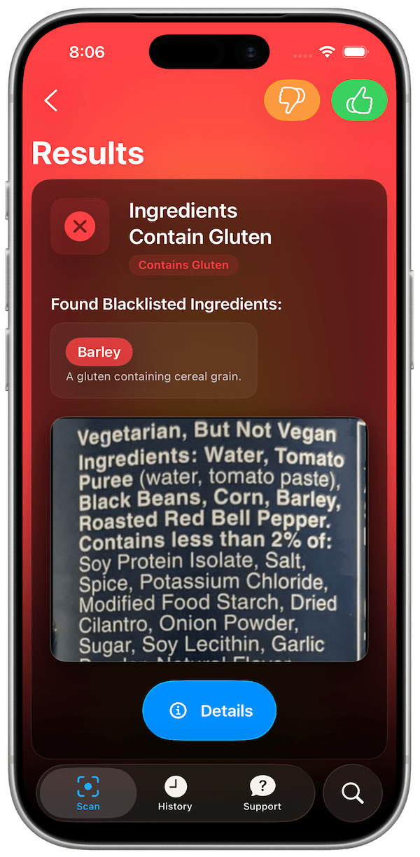 Is this GF? app showing Contains Gluten verdict after scanning food label